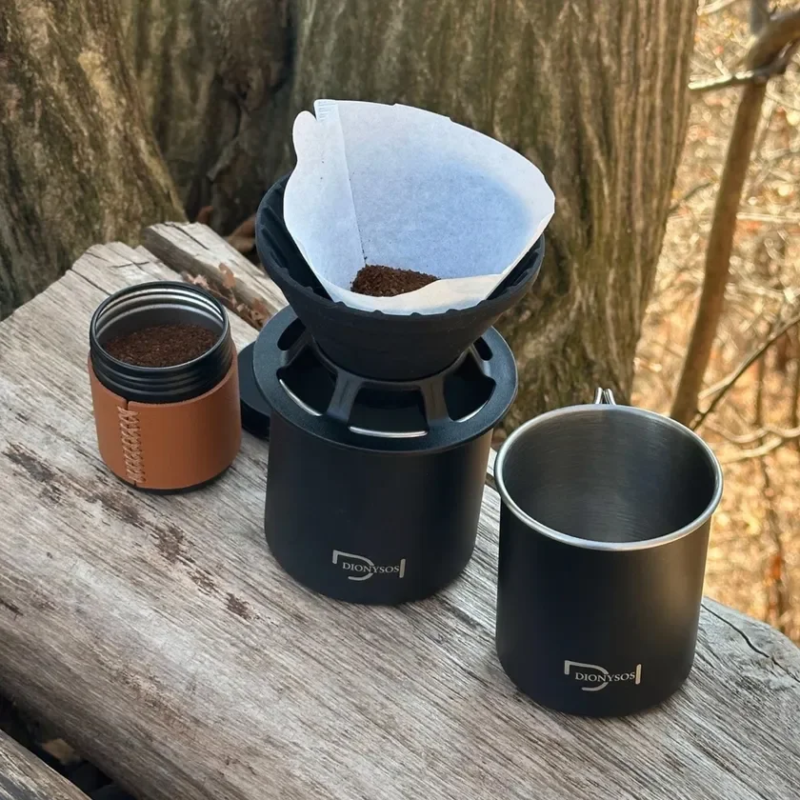 DIONYSOS drip coffee set on a wooden surface