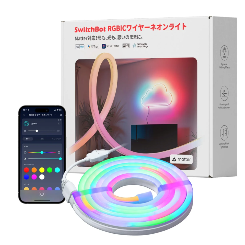 SwitchBot RGBIC Wire Neon Light product packaging and app control