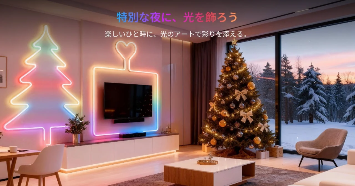 Colorful neon lights and a decorated Christmas tree in a modern living room