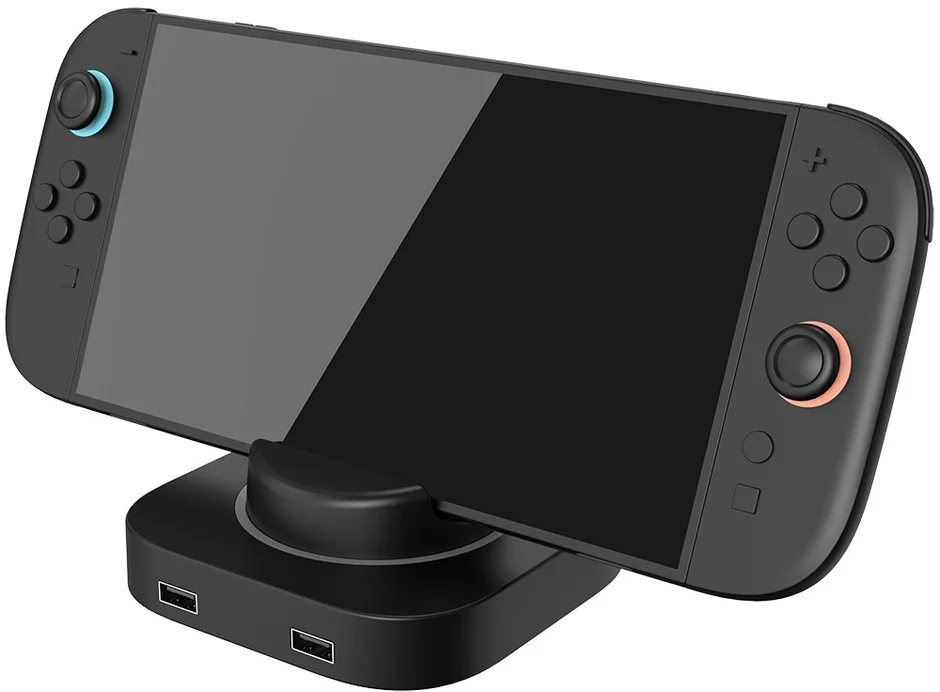 Portable game console set on a charging stand