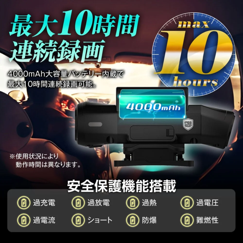 Max 10 Hours Continuous Recording 4000mAh Battery