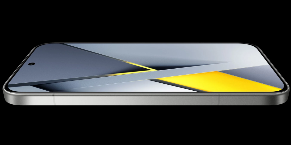Silver smartphone with a black screen displaying a geometric abstract wallpaper in yellow and gray, placed horizontally on a black background.