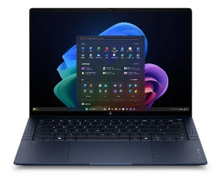 Dark blue modern laptop displaying a Windows-like interface