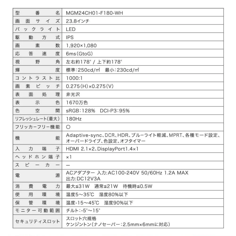 Specifications Table