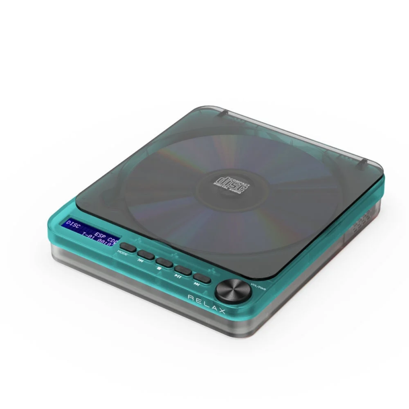 Close-up of turquoise portable CD player