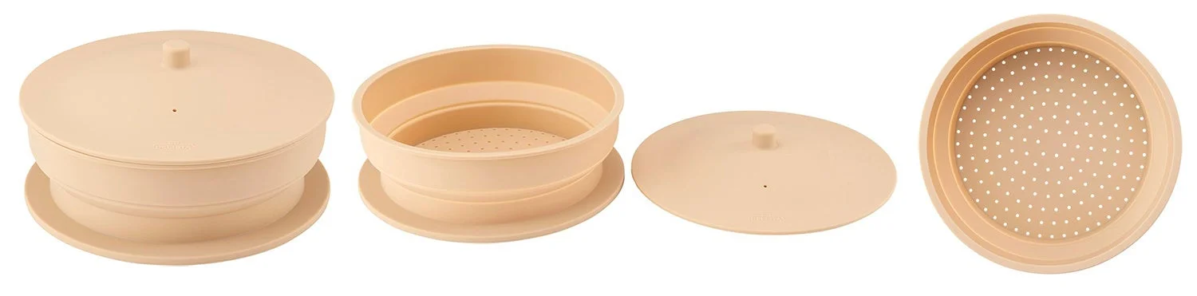 Assembled, folded, and separated views of the steamer