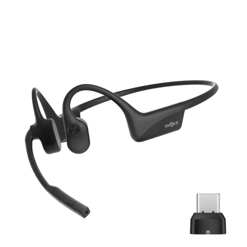 Black Shokz OpenComm2 2025 Upgrade bone conduction headset with microphone and USB-C dongle