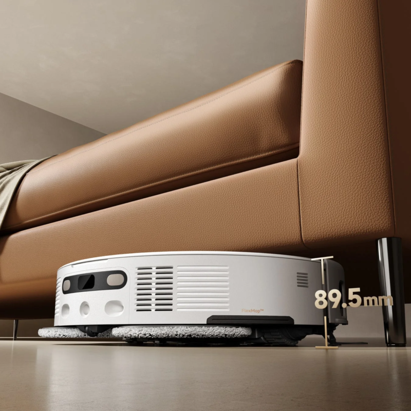 Robot vacuum under sofa, showing 89.5mm height