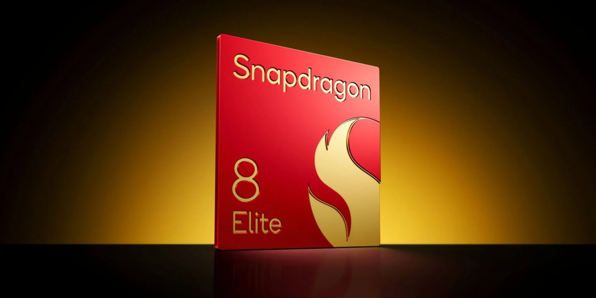 Snapdragon 8 Elite logo on a red semiconductor chip with a golden, fiery emblem.