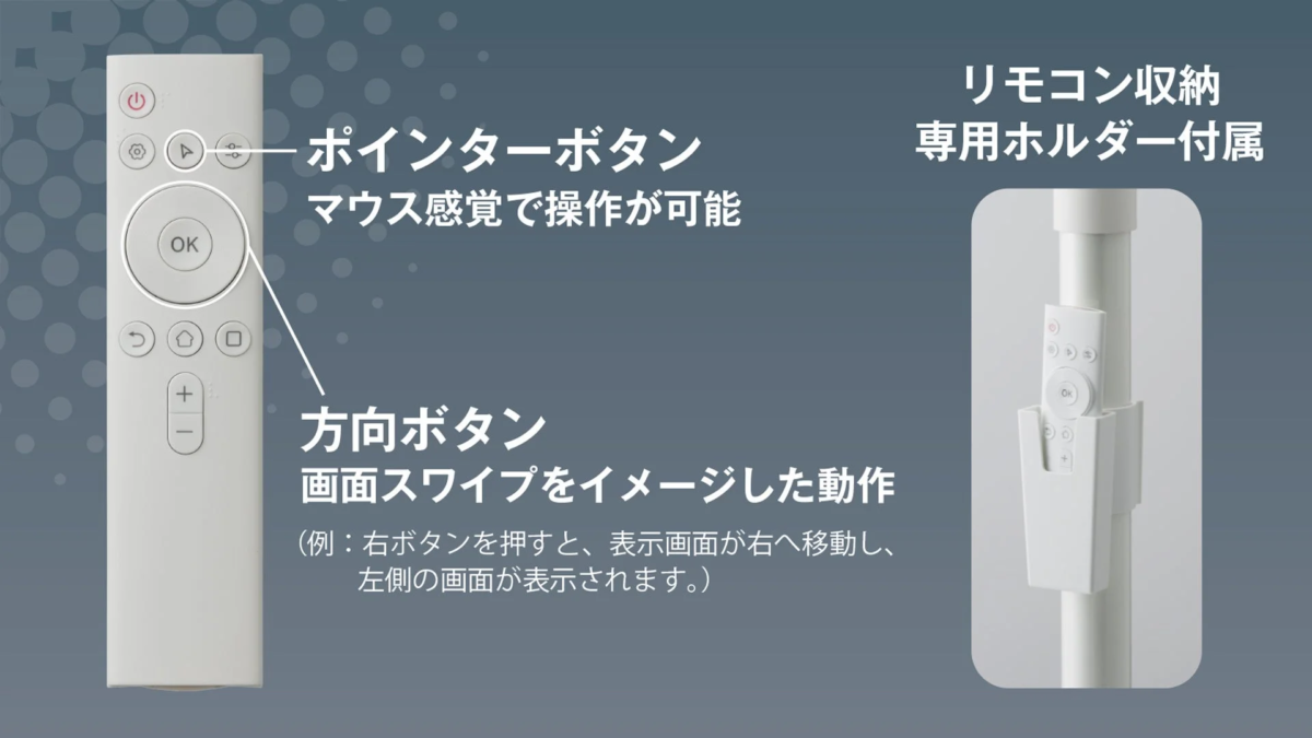 Remote control with pointer button and storage holder