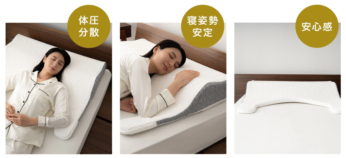 A series of images showing a woman sleeping comfortably on a wide pillow, illustrating benefits like pressure distribution, stable sleeping posture, and a sense of security.