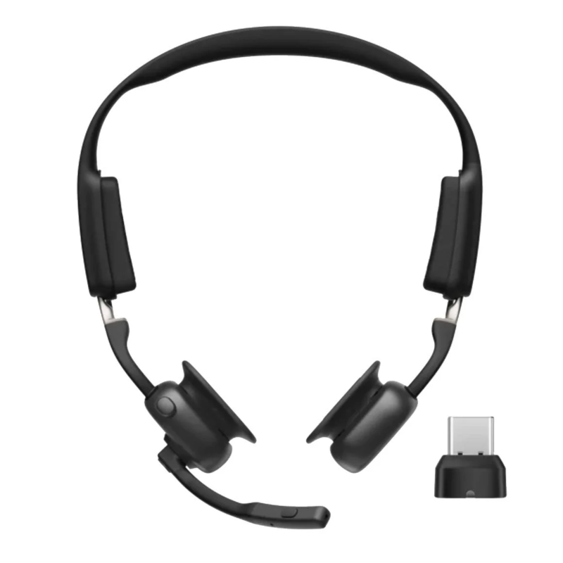 Black wireless headset with microphone and USB-C dongle, likely Shokz OpenMeet