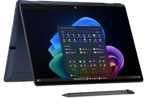 HP convertible laptop in tent mode with a stylus pen