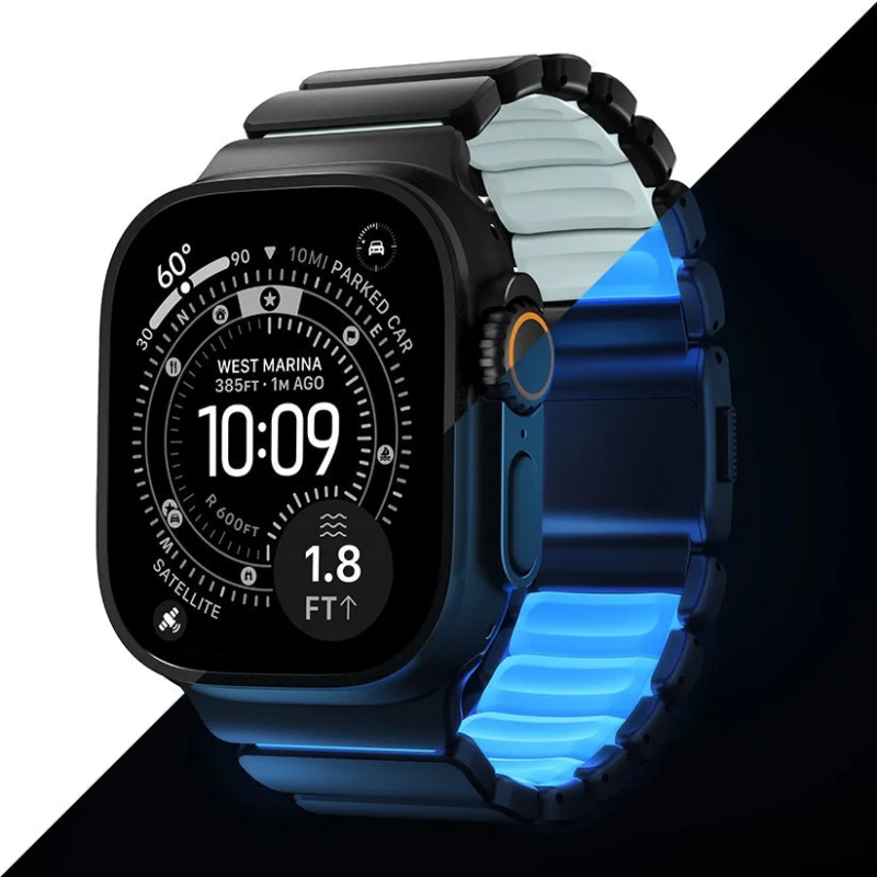 Smartwatch with blue glow, close-up