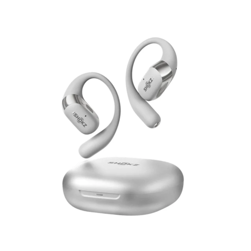 White Shokz OpenFit 2+ wireless earphones and charging case