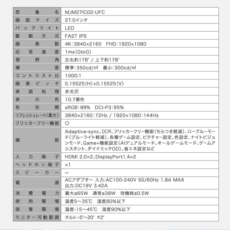 Full Specifications Table