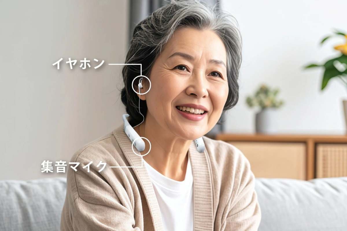 Elderly woman with device, showing mic and earphone