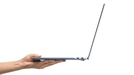 Hand holding a thin laptop from the side