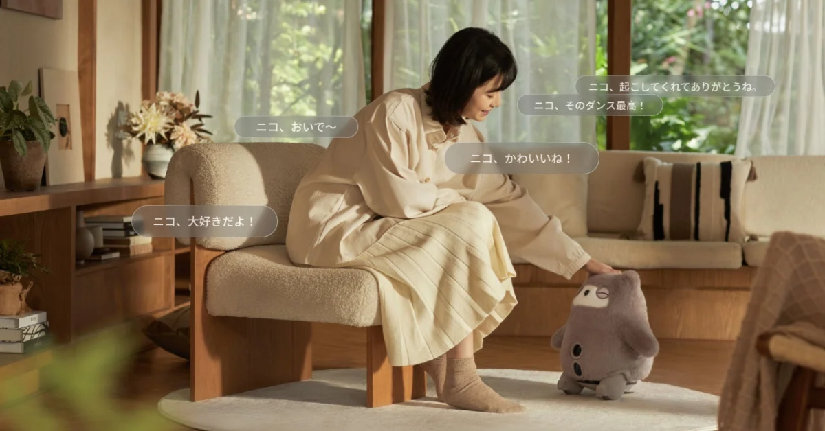 Woman interacting with robot in living room