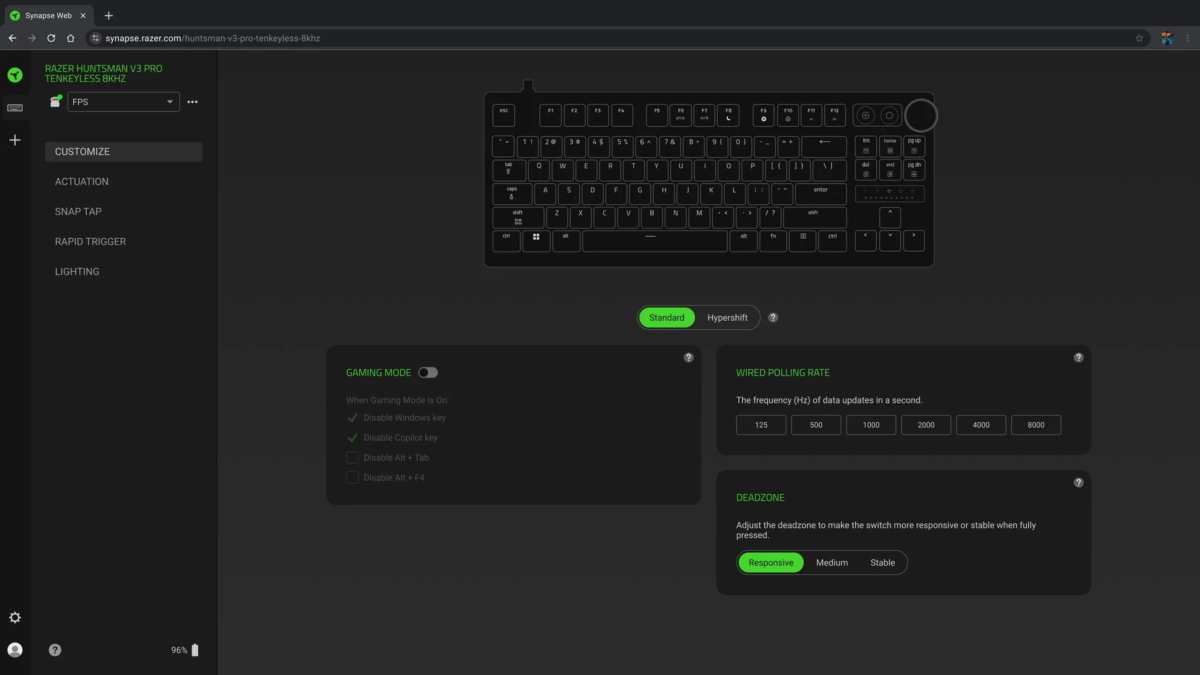 Razer Huntsman V3 Pro Customization Screen