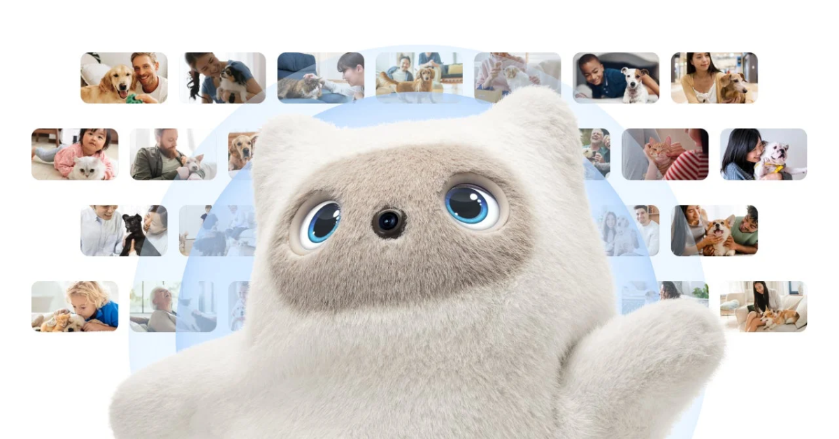 Robot surrounded by pet interaction photos