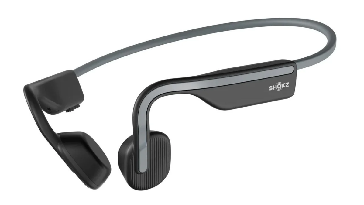 Black and grey Shokz OpenMove bone conduction headphones