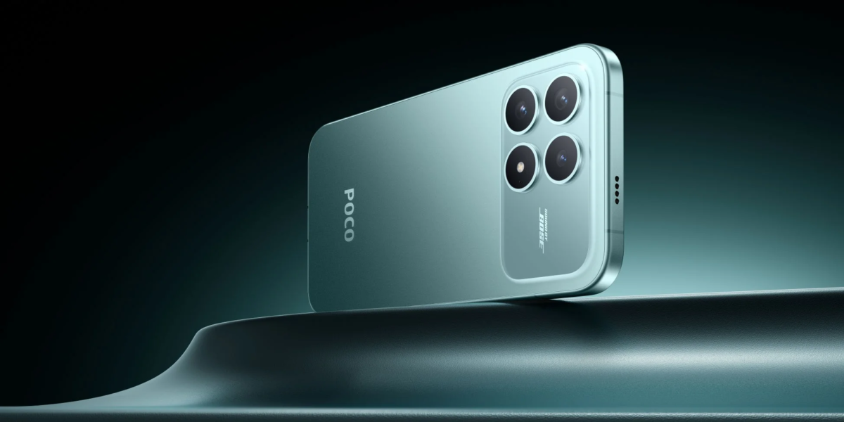 Mint green smartphone on a dark stand, showing the POCO logo, "SOUND BY BOSE" text, and four camera lenses on the back.