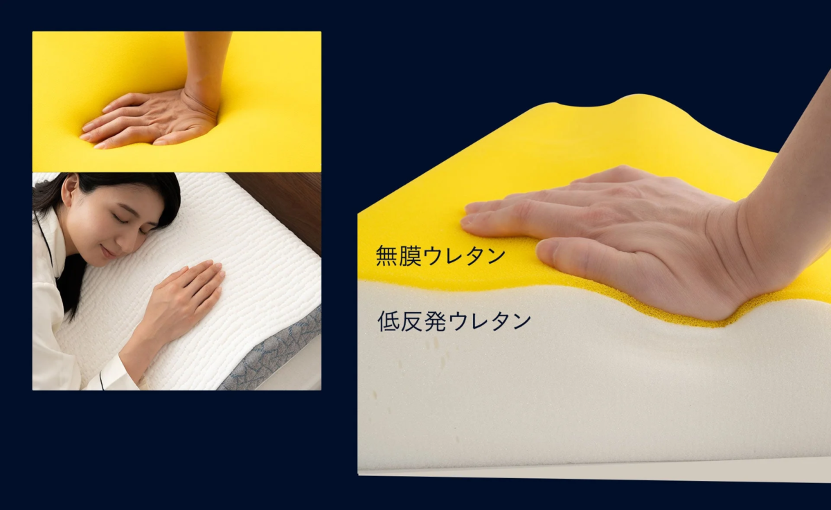 A hand pressing into urethane foam, illustrating its elasticity, alongside a woman sleeping peacefully, highlighting the two-layer urethane structure.