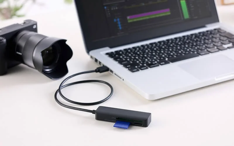 Camera, laptop, SD card reader in use