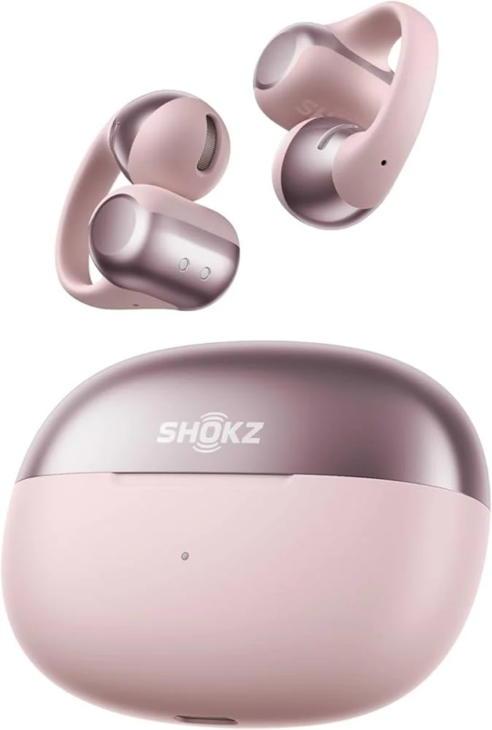 Pink Shokz OpenDots ONE wireless earphones and charging case
