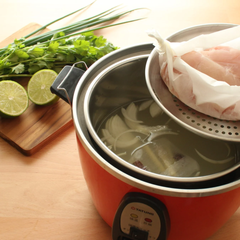 Chicken and vegetables cooking in the Tatung Electric Pot