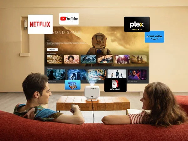 Couple enjoying streaming on projector