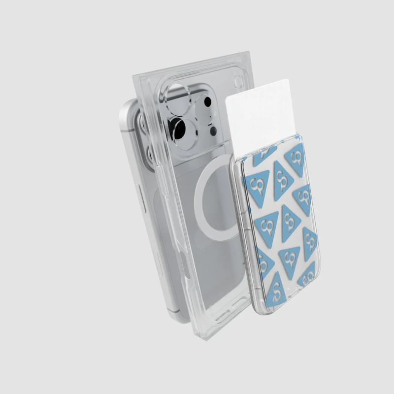 Transparent MagSafe-compatible iPhone case with a blue triangular pattern card holder, floating on a white background