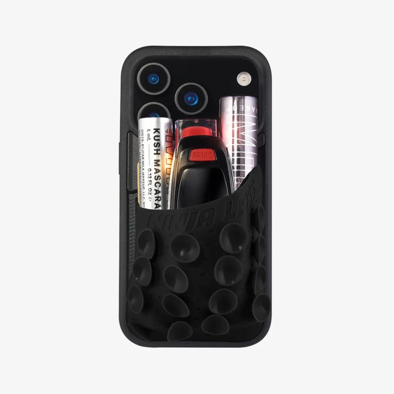 Black Octo Pouch Phone Case with opaque pouch and mascara