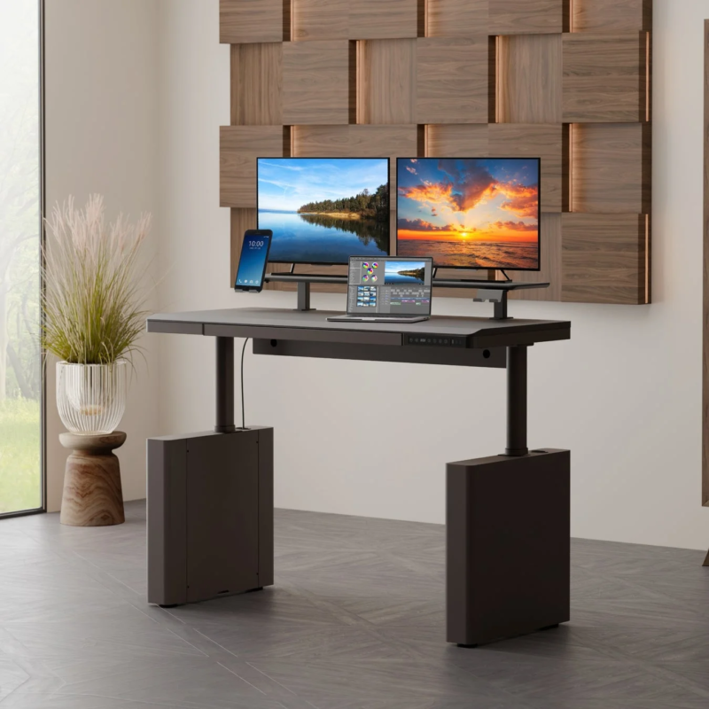 Electric height-adjustable desk with dual monitors