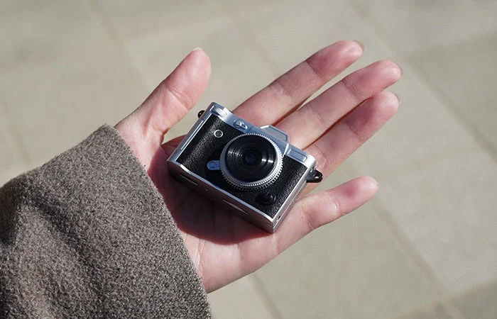 Mini camera held in the palm of a hand