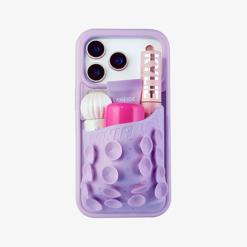 Lavender Octo Pouch Phone Case with opaque pouch and cosmetics