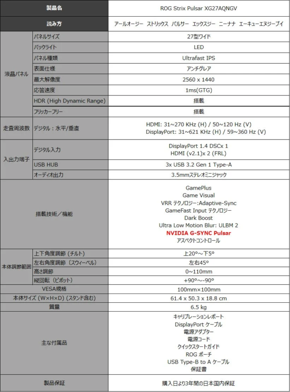 ROG Strix Pulsar XG27AQNGV Specifications