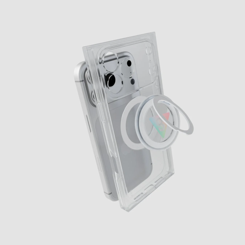Silver smartphone with a clear case and a white magnetic ring stand attached, on a simple background