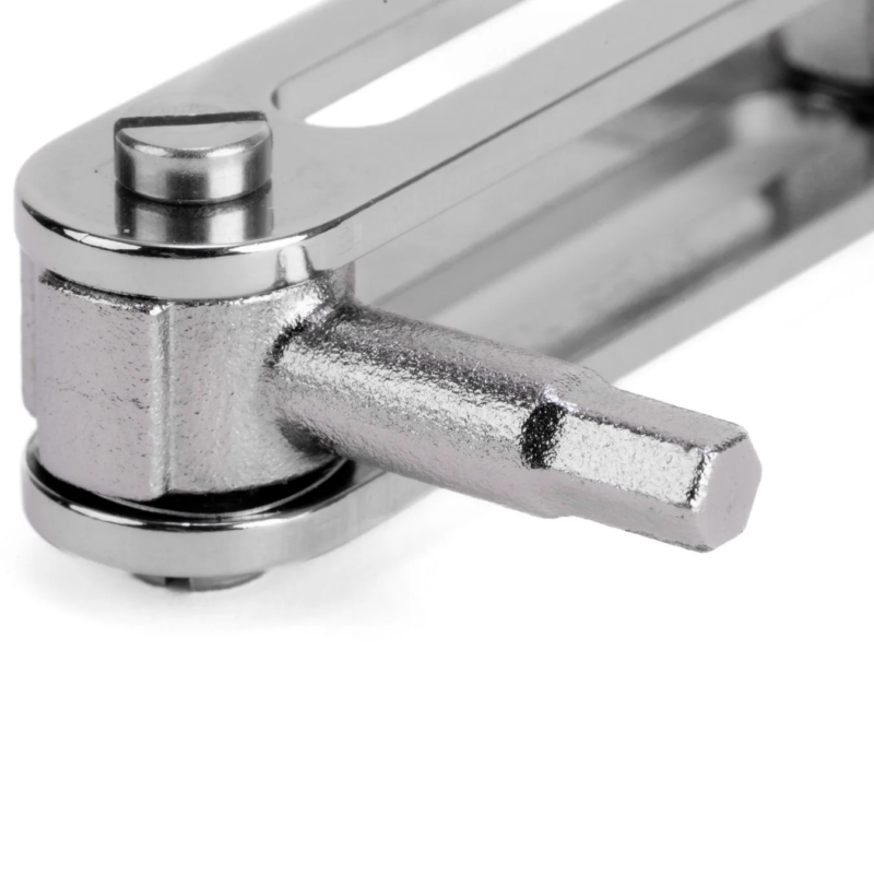 A close-up of a glossy silver metal tool with a hexagonal tip and screw part, on a white background.