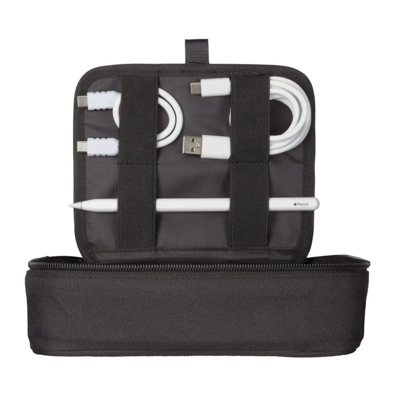 Pouch interior with Apple Pencil and cables organized by bands and mesh