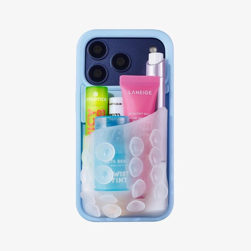 Baby Blue Octo Pouch Phone Case with clear pouch and cosmetics