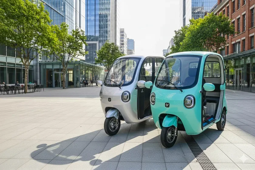 Two Vivel COCO electric trikes in silver and mist green.