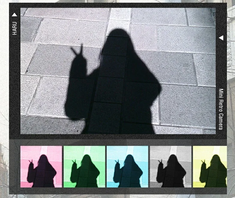 Shadow of a person making a peace sign, with retro filter examples