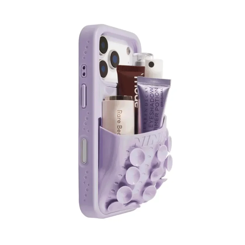 Purple iPhone case with cosmetics in suction pouch