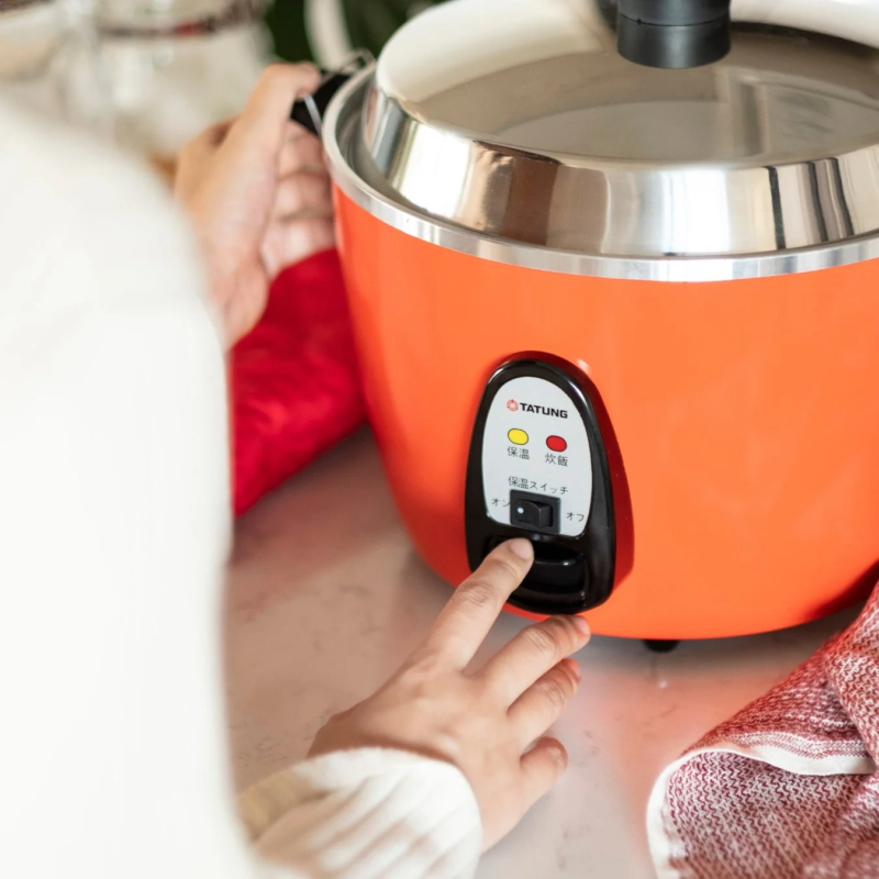 Hand operating the switch on a Tatung Electric Pot