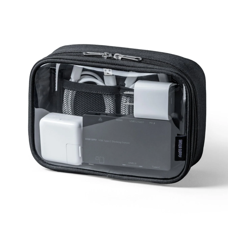 Transparent pouch storing a USB Type-C docking station and cables