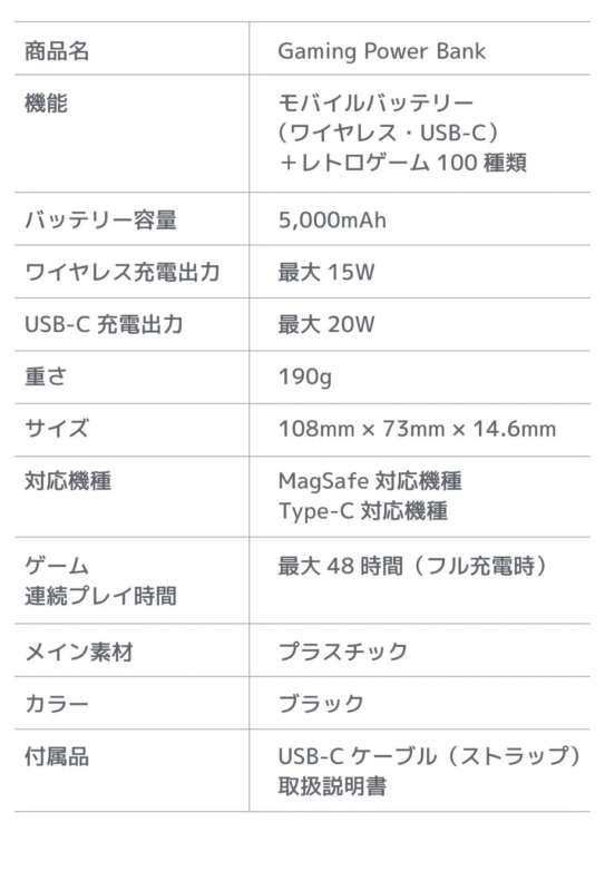 Product specifications table