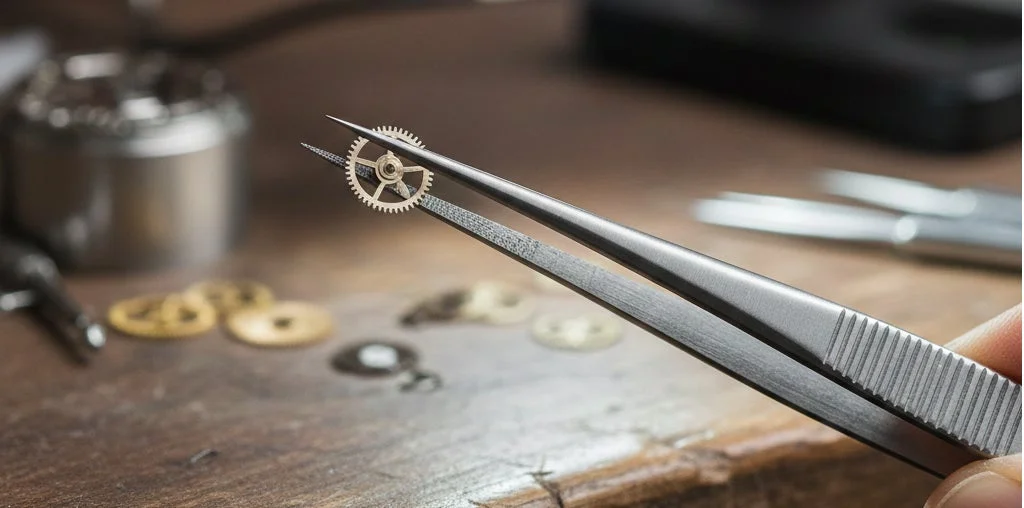 Precision watchmaking with tweezers
