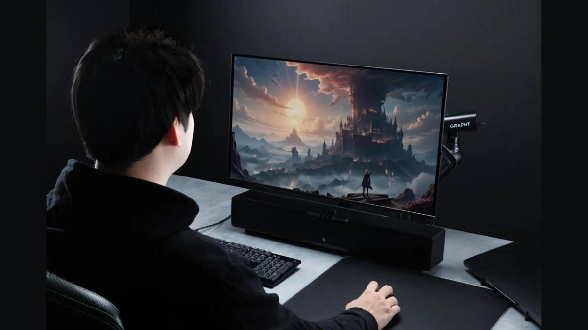 Gamer at desk with monitor